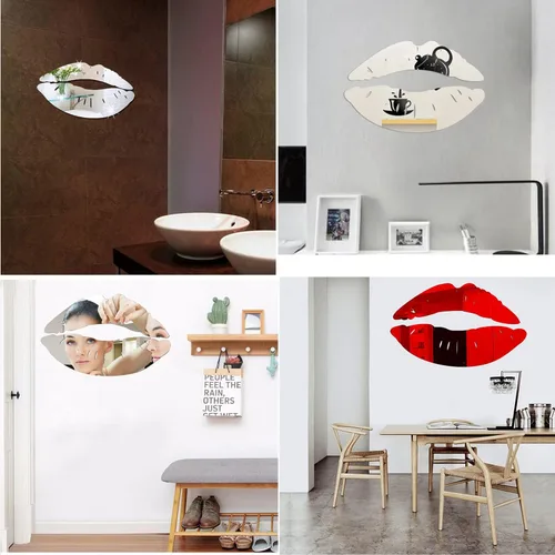 Vista 4 de 2 juegos de calcomanías de pared 3D con espejo de labios grandes, calcomanías de pared en forma de beso, murales de acrílico autoadhesivos