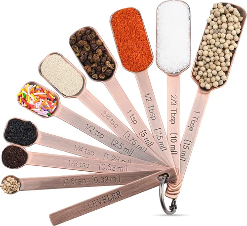 Vista 3 de Juego de tazas y cucharas medidoras de cobre, juego de tazas y cucharas medidoras de acero inoxidable, taza métrica y estadounidense 7 medida y 9