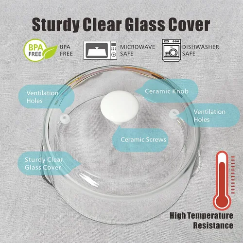 Vista 3 de Tapa para microondas de vidrio con protección contra salpicaduras para alimentos, tapa alta para microondas con perilla de cerámica blanca 100%