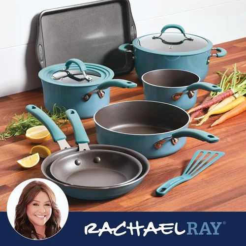 Vista 11 de Rachael Ray Cook + Create - Juego de utensilios de cocina antiadherentes de aluminio, 10 piezas, azul agave
