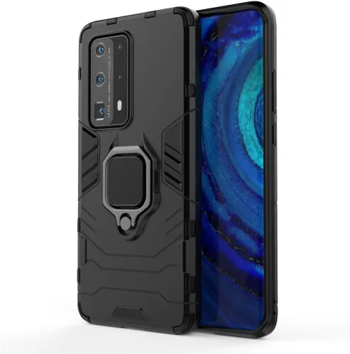 Vista 5 de Compatible con Huawei P40 Pro+, soporte de anillo de metal (funciona con soporte magnético para automóvil), funda resistente de doble capa para Negro