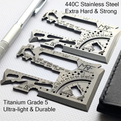 Vista 2 de Universal 3.0-60+ Tools - Multiherramienta para tarjetas de crédito con cuchillo, billetera de titanio con regla, abrebotellas y latas para EDC