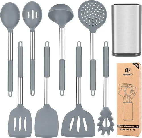 Vista 9 de Juego de utensilios de cocina de silicona, 8 utensilios de cocina antiadherentes con mango de acero inoxidable, herramientas de cocina resistentes