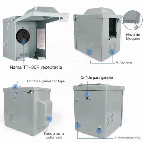 Vista 5 de Caja de toma de corriente RV de 30 amperios y 125 voltios, cerrada, con cerradura, resistente a la intemperie, NEMA TT-30R, panel de receptáculo