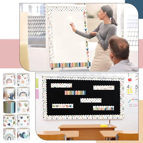 Vista 6 de Borde de anuncios bohemio de 262 pies, 10 rollos, borde bohemio de arco iris para el aula, para tablón de anuncios, decoración de tablero