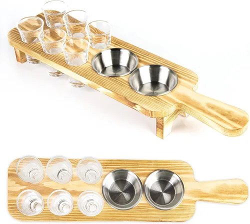 Vista 4 de Bandeja para servir vasos de chupito de tequila con juego de 6 vasos de chupito, soporte de madera único para beber, servir, exhibir y almacenar