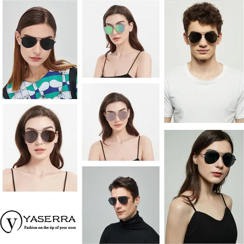Vista 5 de Yaserra Lentes de sol de aviador polarizados retro para hombres y mujeres, lente TAC espejada, marco de metal, doble puente con protección UV400