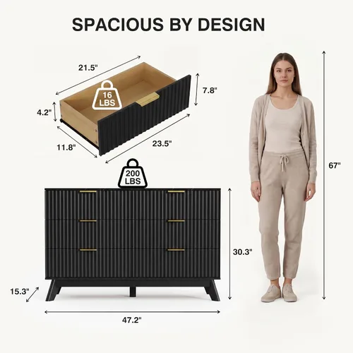 Vista 2 de JUMMICO Cómoda acanalada negra para dormitorio, 47.2 pulgadas de ancho