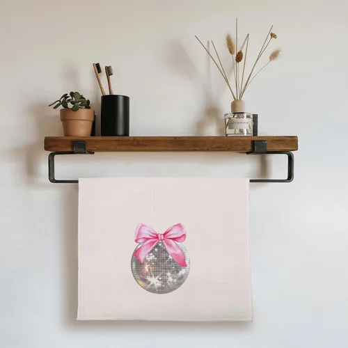 Vista 2 de Toallas de Cocina Coquette con Lazo Rosa Bola de Discoteca, Toallas de Mano Preppy Rosa para Baño, Decoración de Baño Coquette Preppy, Toallas
