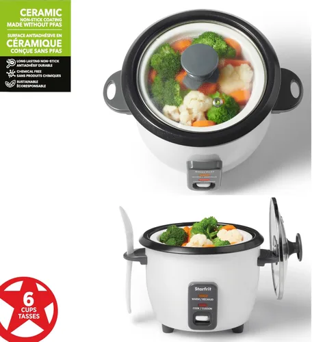 Vista 8 de Starfrit - Arrocera eléctrica, 6 tazas, 300 W, color blanco Cesta de vapor, taza medidora, cuchara de servicio, hace arroz perfecto