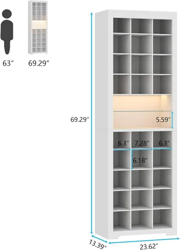 Vista 2 de Armario de almacenamiento de zapatos de 11 niveles, zapatero de madera blanco con 27 cubículos, organizador de zapatos independiente de 69 pulgadas