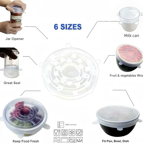 Vista 6 de Tapas elásticas reutilizables de silicona para almacenamiento de alimentos en el refrigerador, cubiertas redondas de silicona flexibles para tazones