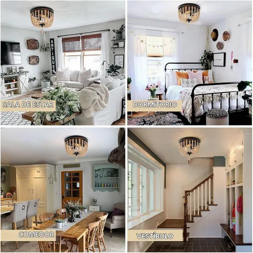 Vista 3 de Lámpara de techo de madera con cuentas de granja, 3 luces, estilo bohemio, con cuentas de madera, accesorios de iluminación vintage para entrada