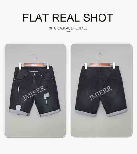 Vista 4 de JMIERR Pantalones cortos de mezclilla para hombre, estilo casual, elásticos, ajustados, lavados, desgastados, enrollados, rasgados, para hombre