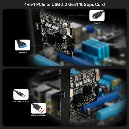 Vista 6 de Tarjeta PCIe USB 3.1, adaptador RIITOP PCI-e 3.0 x4 a USB 3.2 Gen2 (10Gbps) se expande a 20 pines + tipo E + 1 USB 3.0 + 1 USB C