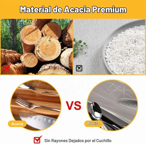 Vista 5 de Organizador de cubiertos de acacia de cocina, divisor de cajón ranurado extraprofundo, organizador de utensilios de 7 ranuras