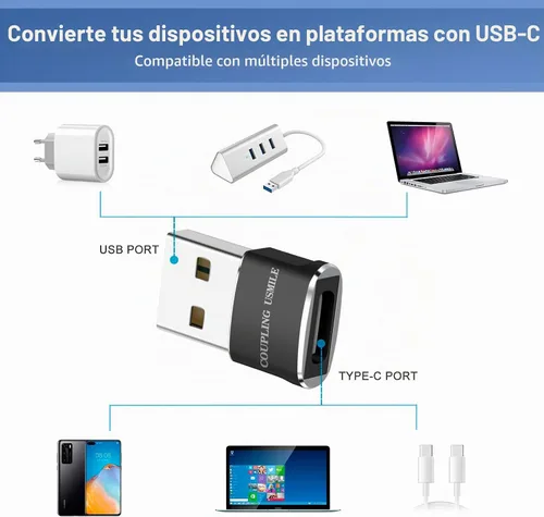 Vista 3 de Adaptador USB a USB C 4 Pcs Negro, Carga Rápida, Transferencia y Tipo C OTG