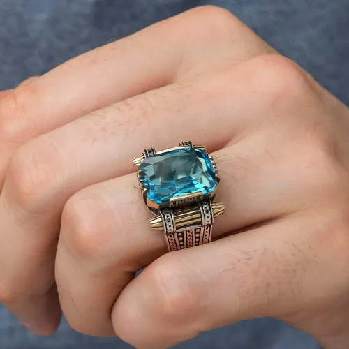 Vista 2 de Anillos de plata de ley 925 para hombre, anillo de aguamarina, anillos para hombre, joyería de aguamarina, anillos de sello para hombre, anillos