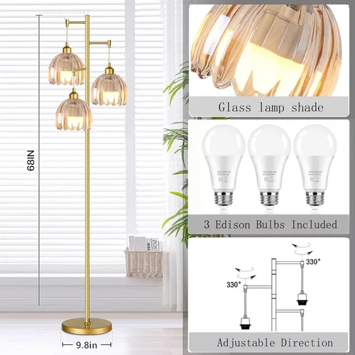 Vista 5 de ZECOXOL Lámparas de pie doradas para sala de estar dormitorio - Lámpara de pie de vidrio de 3 luces con tres bombillas LED, lámpara de pie alta