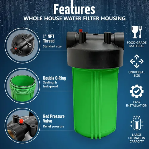 Vista 2 de Sistema purificador de filtro para toda la casa de 10 x 4.5 pulgadas de alta capacidad para agua de pozos o ciudades, botón de alivio de Verde