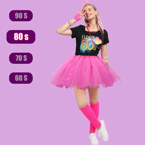 Vista 2 de Sincere Party Women's 80s Costume Set Cotton T-Shirt,Pants,Tutus,Leg Warmers,Gloves,Necklace,Bracelets,Headband,Earrings