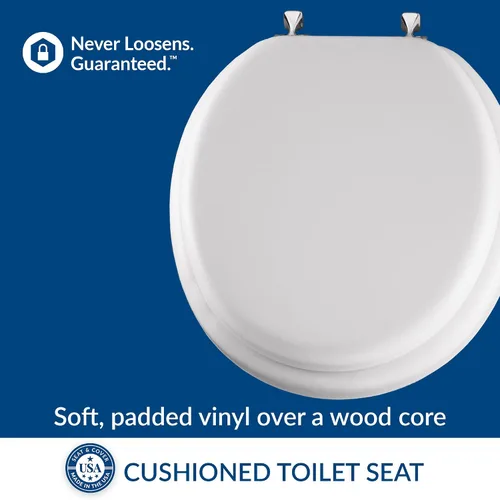 Vista 2 de Mayfair Asiento de inodoro acolchado con bisagras cromadas, asiento de vinilo suave sobre núcleo de madera, fabricado en Estados Unidos, redondo