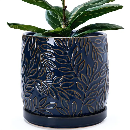 Vista 28 de D'vine Dev Maceta de gres con hojas en relieve de 4 pulgadas con orificio de drenaje y platillo, azul grafito, 27-A-Z-9 Nature-Inspired Leaf