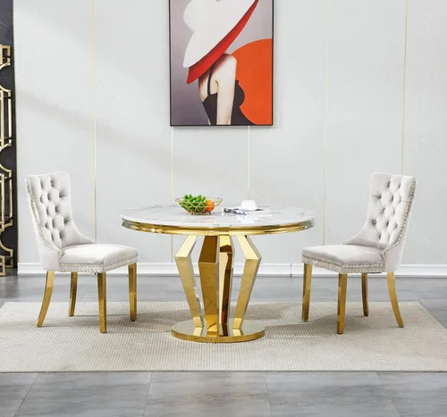 Vista 2 de Juego de mesa de comedor de mármol sintético de oro blanco de 47 pulgadas para 2, juego de mesa de comedor de cocina de 3 piezas, juego de mesa