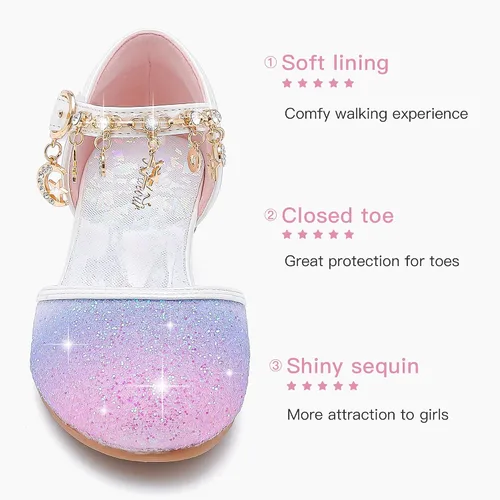 Vista 4 de Furdeour Sandalias para niñas con lazo brillante, zapatos de vestir de princesa con tacones altos de cristal, para fiestas, bodas, flores, zapatos