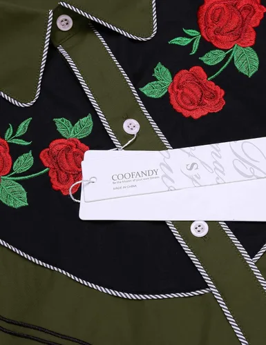 Vista 5 de COOFANDY Camisa de manga larga con botones bordados con diseño de rosas para hombre