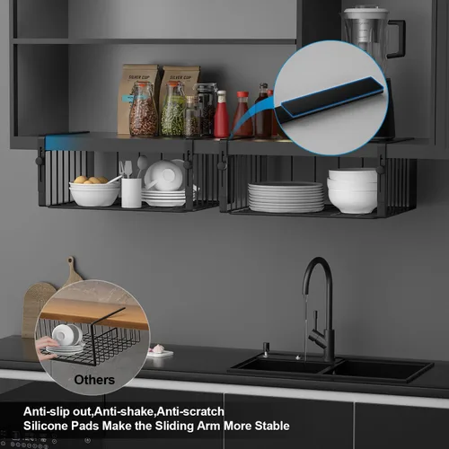 Vista 5 de AmonHouseware Paquete de 2 Organizadores de Canasta Bajo Estante, Soporte Colgante Ajustable de Almacenamiento para Gabinete Despensa Cocina Alacena