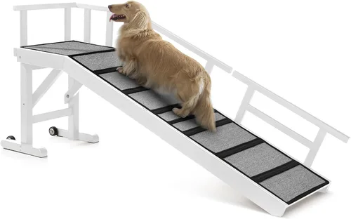 Vista 17 de Rampa para perros para cama o sofá, rampa de madera para mascotas con pendiente suave de 20°, rieles laterales extraíbles, superficie