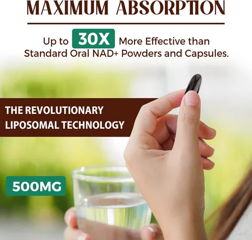 Vista 4 de Suplemento liposomal NAD+ de 500 mg, suplemento True NAD Plus, absorción superior, mejora el NAD+ más eficiente que la ribósido de nicotinamida