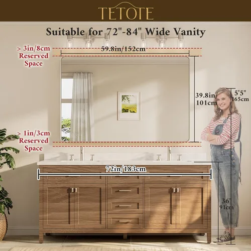 Vista 73 de TETOTE Espejo de marco dorado cepillado de 16 x 24 pulgadas, espejo de tocador de baño de latón dorado para pared, espejo enmarcado rectangular