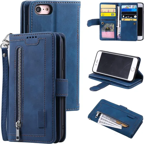 Vista 19 de UEEBAI Funda tipo cartera para iPhone SE 2022 5G/iPhone 7/iPhone 8/iPhone SE 2020, retro con 9 ranuras para tarjetas, bolsillo con cremallera, funda