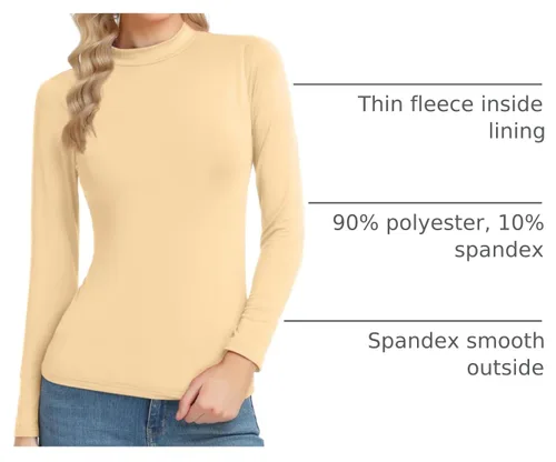 Vista 4 de Camiseta térmica básica de manga larga para mujer, ligera, con cuello alto falso, ajustada, capa suave Beige