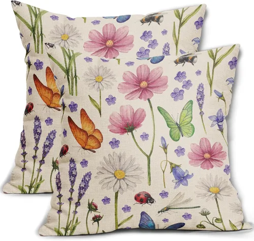 Vista 23 de Juego de 2 fundas de almohada de primavera de 16 x 16 pulgadas, diseño de conejo, flores rosas, hojas verdes salvia, plantas botánicas vintage