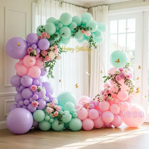 Vista 8 de Kit de arco de globos rosa, morado y verde menta, globos pastel de doble relleno con mariposas doradas para baby shower, cumpleaños de niña, tema