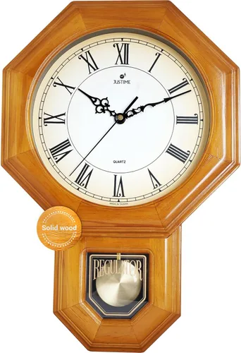 Vista 6 de JUSTIME Reloj de péndulo de madera maciza con carillones de estilo tradicional de escuela, con melodía de Westminster cada hora, fabricado en Taiwán