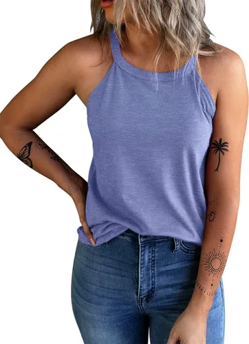 Vista 8 de KINLONSAIR - Camisetas sin mangas de verano para mujer con cuello redondo, estilo halter, para entrenamiento, casual, de tirantes, básicas A16_salmón