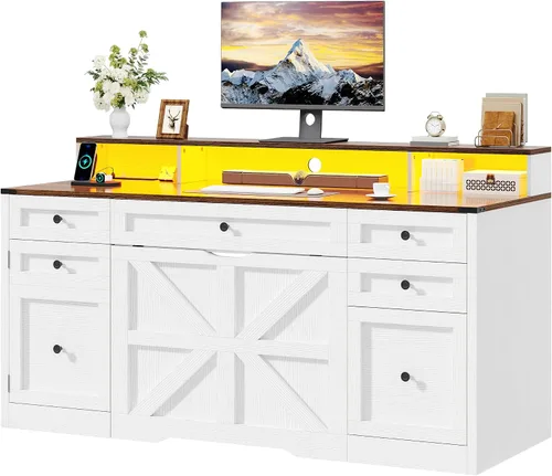 Vista 8 de YITAHOME Conjunto de Escritorio y Taburete para Computadora con 5 Cajones, Escritorio de Oficina con Tomas de Corriente y Luces LED, Escritorio