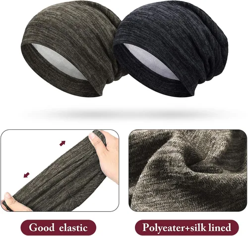 Vista 10 de 4 Pieces Satin Lined Beanie Cap Satin Sleep Lined Hat Slouchy Beanie Hat Night Silk Hair Cap for Women Men