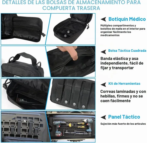 Vista 4 de Kit de organizador de carga para puertas traseras, panel Molle, placa de metal de almacenamiento interior con 3 bolsas de almacenamiento para Jeep