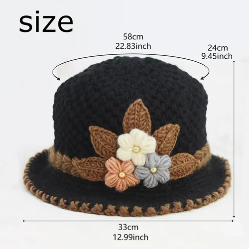 Vista 3 de Lady French Thicken - Gorro de lana de punto con flores para mujer, con flores