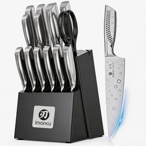 Vista 14 de imarku Juego de 14 cuchillos con bloque, juego de cuchillos de cocina de acero inoxidable japonés con afilador integrado, asas ergonómicas