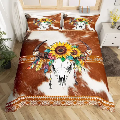 Vista 29 de Erosebridal Funda de edredón de piel de vaca marrón con estampado de vaca de las tierras altas, juego de ropa de cama occidental exótico azteca