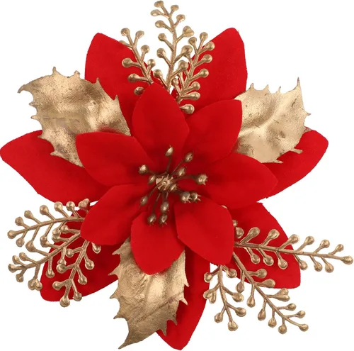 Vista 11 de 24 piezas de flores de Pascua doradas de 6 pulgadas para decoraciones de árbol de Navidad - Flores artificiales para adornos de árbol de Navidad