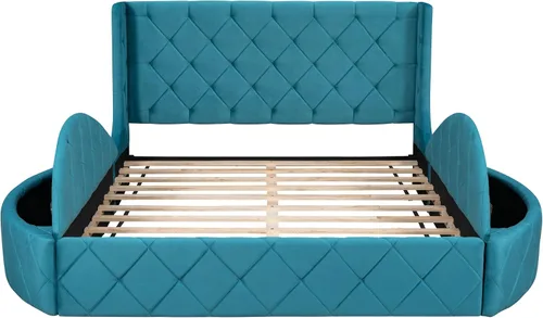 Vista 4 de Harper & Bright Designs Cama de plataforma tapizada tamaño Queen con un cajón grande y 2 taburetes de almacenamiento laterales, marco de cama