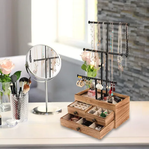 Vista 2 de X-cosrack Organizador de soporte para árbol de joyería soporte de metal de 3 niveles con caja de almacenamiento básica de madera soporte de altura
