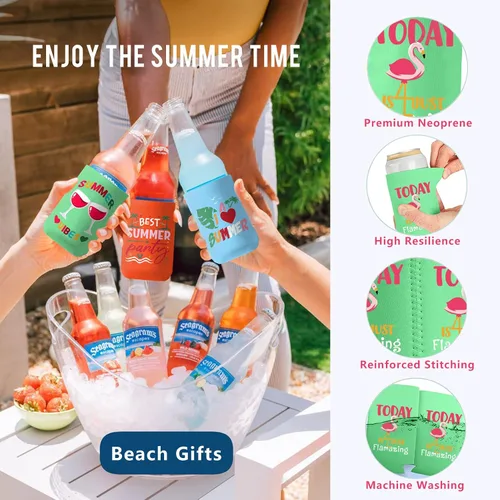 Vista 4 de Enfriador de latas con temática de playa, paquete de 12 fundas divertidas para latas de verano para decoración de fiesta en la playa, neopreno
